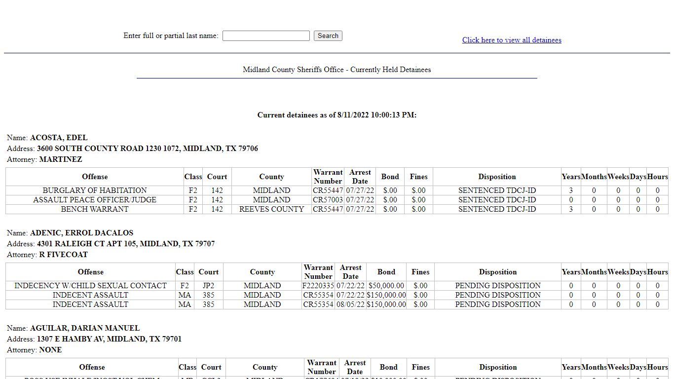 Midland County Sheriffs Office - Currently Held Detainees